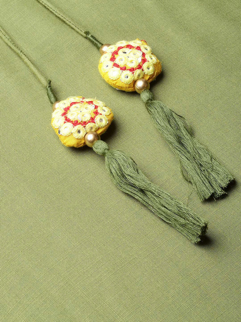 Juniper Olive Rayon Slub Solid Asymmetric Kurta with Tie-up Dori & Tassels