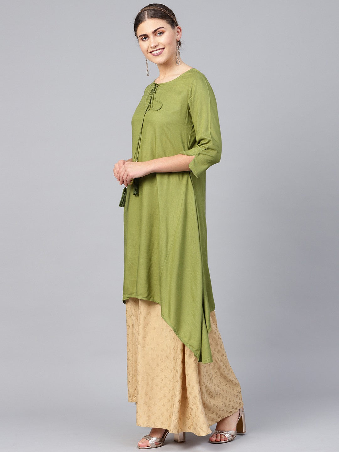 Juniper Olive Rayon Slub Solid Asymmetric Kurta with Tie-up Dori & Tassels