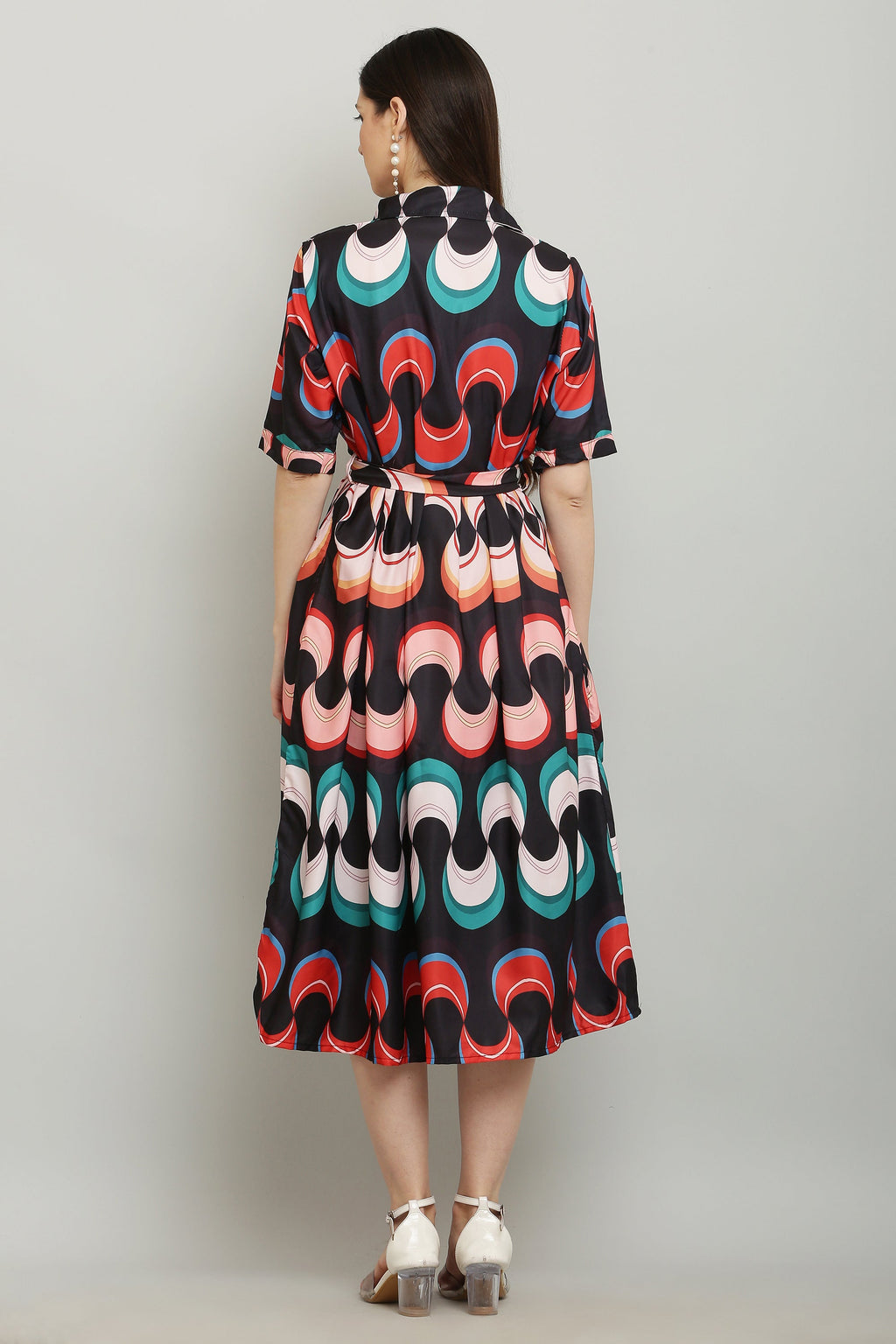 PAVONINE Zig-Zag Multi-Colors Printed Crepe Fabric Black Dress For Women