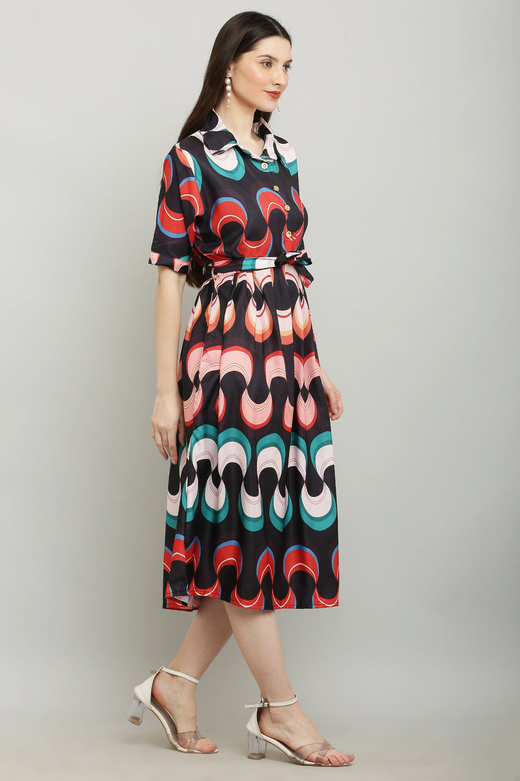 PAVONINE Zig-Zag Multi-Colors Printed Crepe Fabric Black Dress For Women
