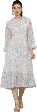 PAVONINE Micro Dots Frill-Neck Georgette Fabric White Dress For Women