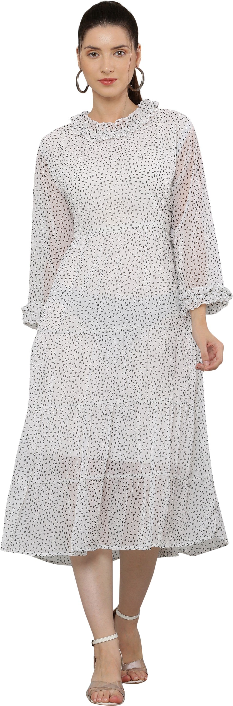PAVONINE Micro Dots Frill-Neck Georgette Fabric White Dress For Women