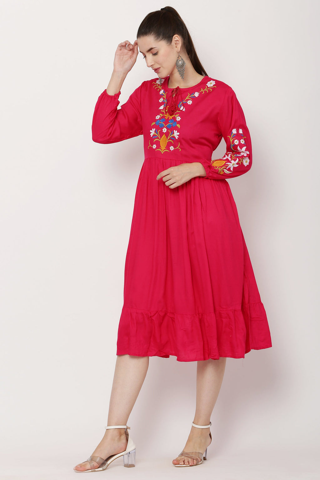 PAVONINE Rani Color Flower Embroidery Dress For Women