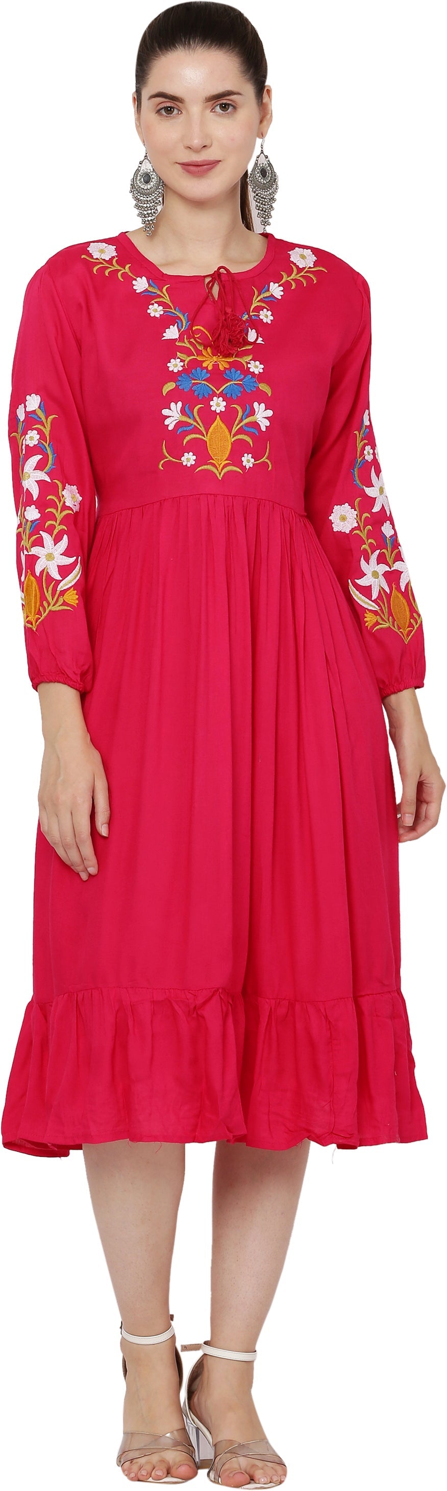 PAVONINE Rani Color Flower Embroidery Dress For Women