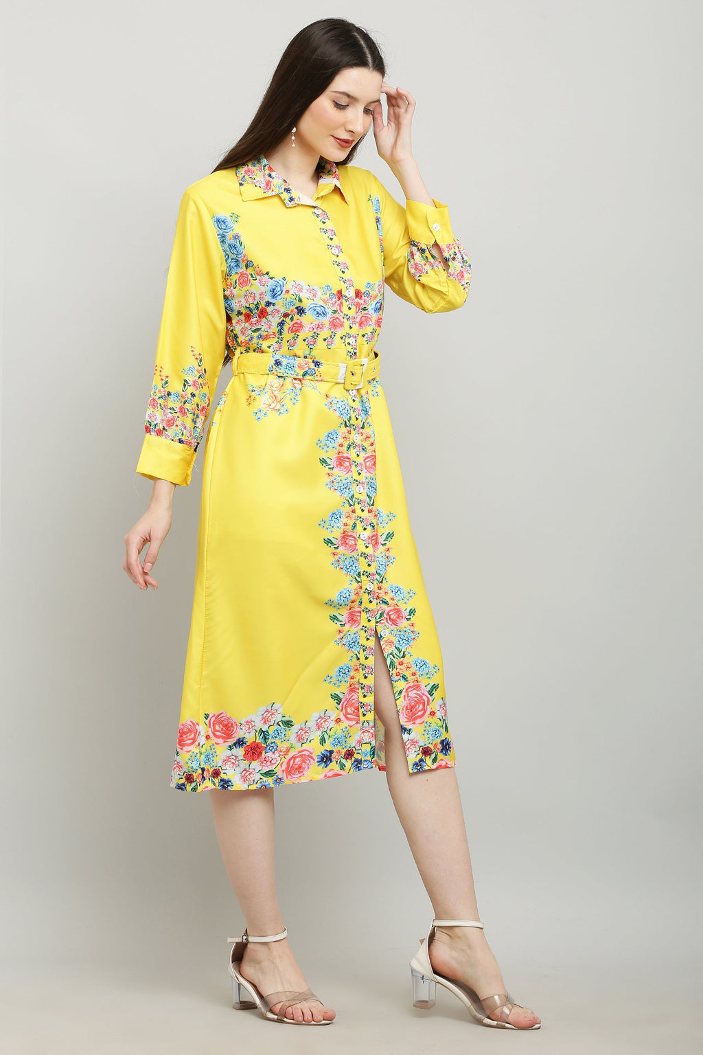 PAVONINE Cat Flower Digital Print Yellow Color A-Line Dress For Women