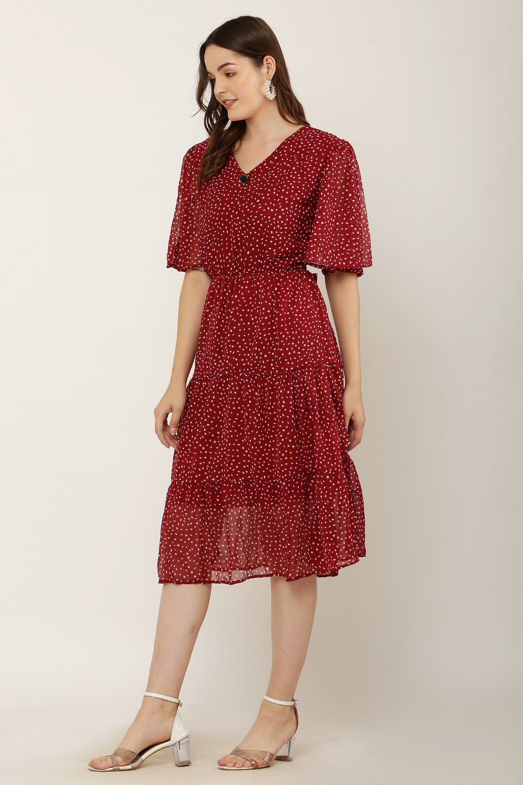 PAVONINE Micro Dots V-Neck Georgette Fabric Maroon Dress For Women