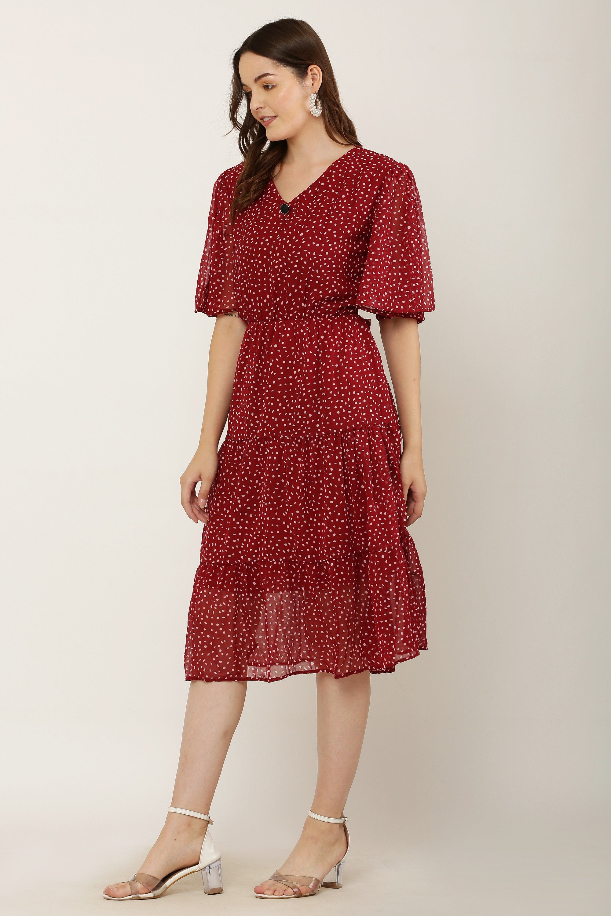PAVONINE Micro Dots V-Neck Georgette Fabric Maroon Dress For Women