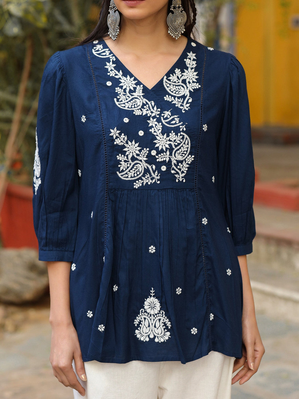 Juniper Women Navy Blue Rayon Embroidered Tunic