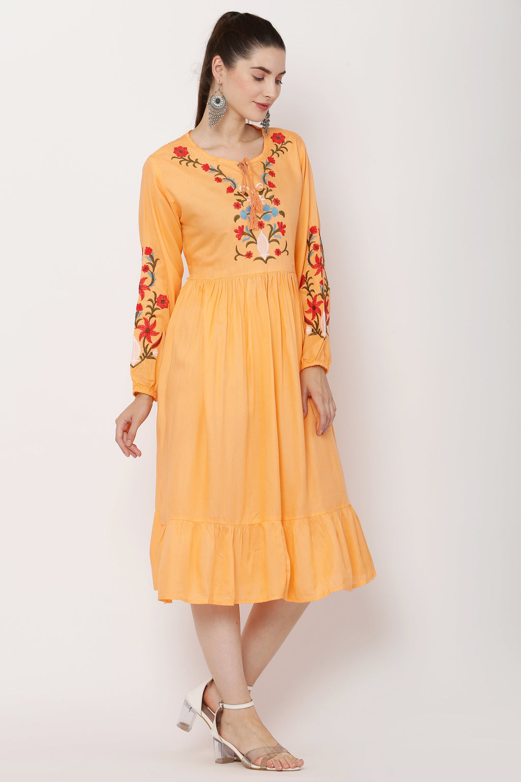 PAVONINE Peach Color Flower Embroidery Dress For Women