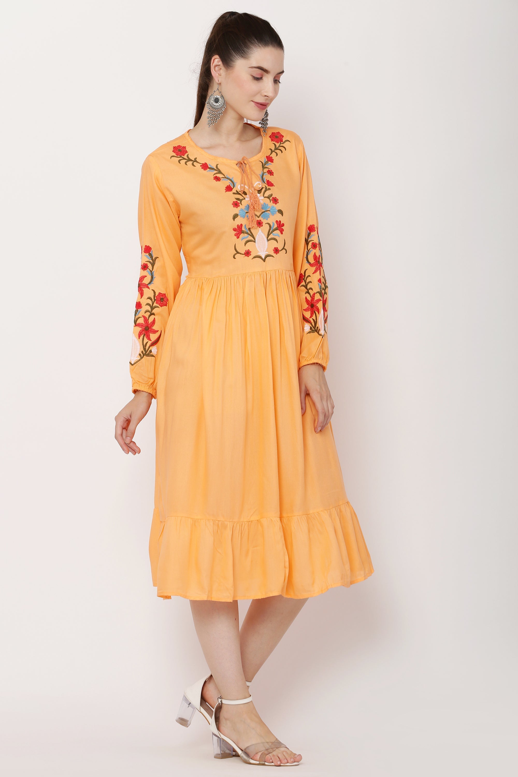 PAVONINE Peach Color Flower Embroidery Dress For Women