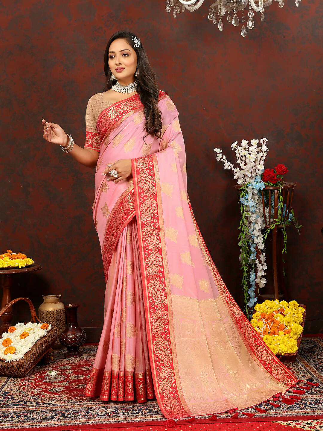 Lorenvalley Fashion Pink Cotton Woven Design with Zari Weaving Design Saree