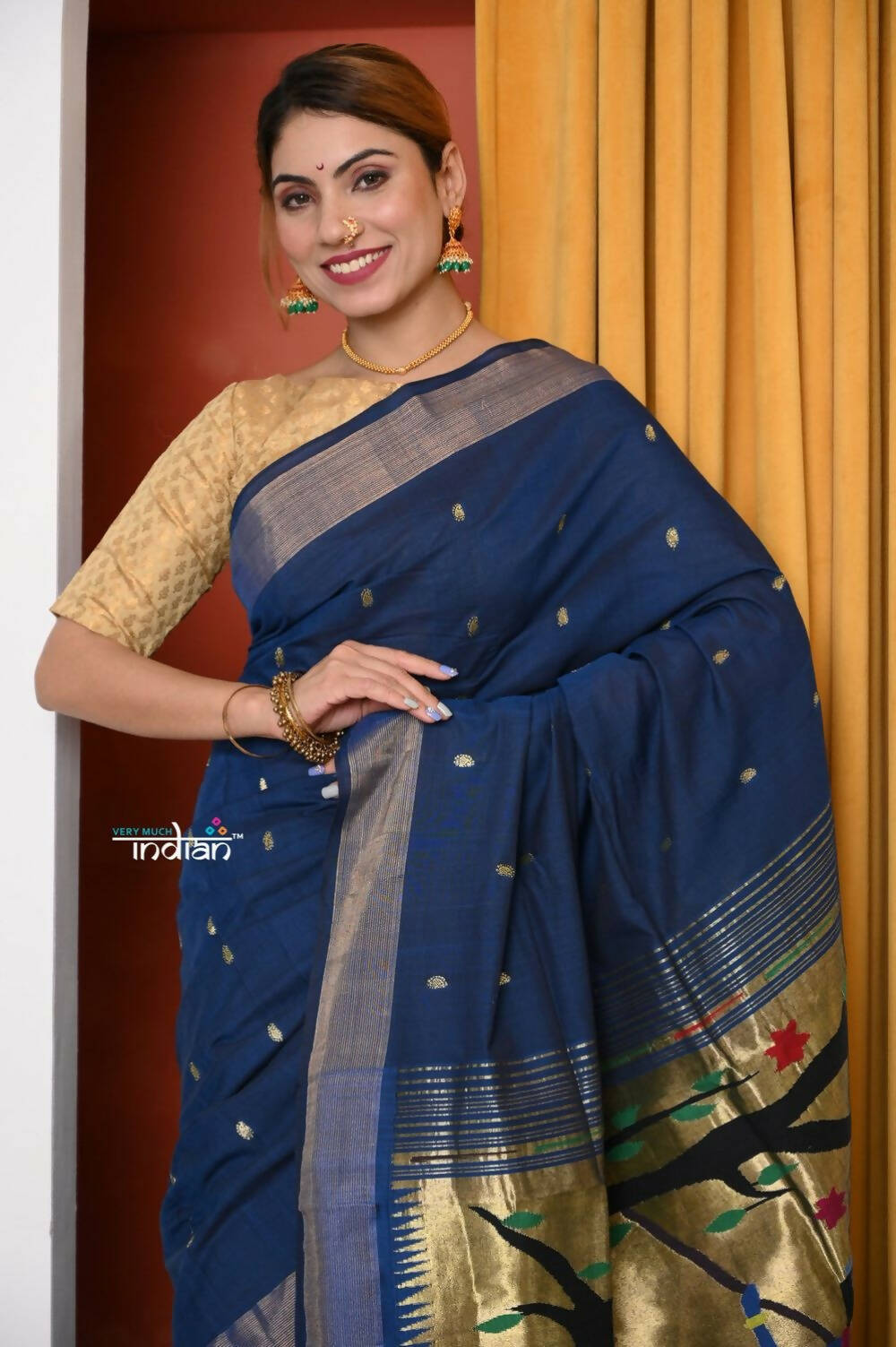 Very Much Indian Handloom Pure Cotton Paithani Saree- Royal Blue