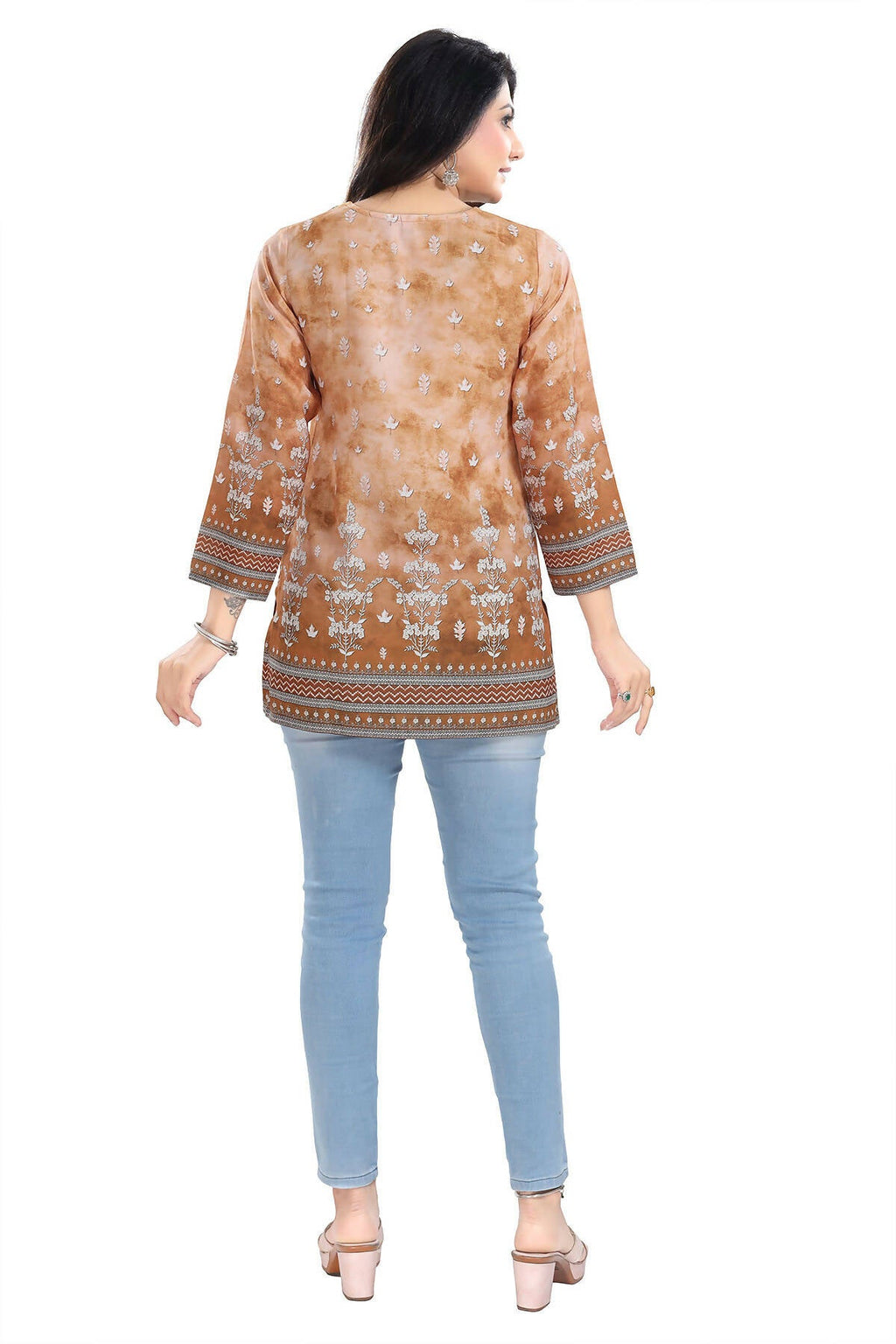 Snehal Creations Rustic Brown Faux Crepe Printed Short Kurti Tunic Top