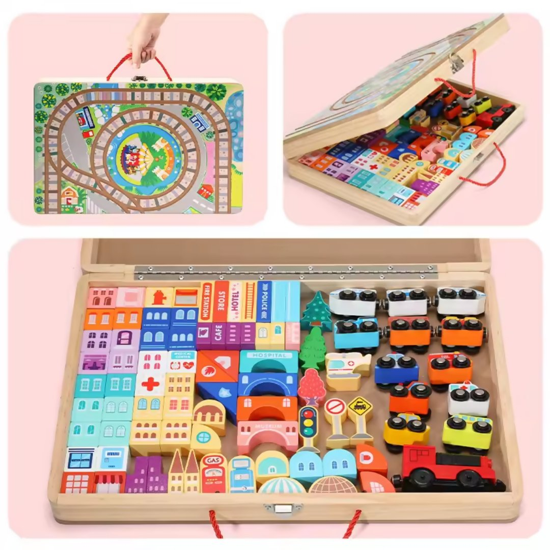 Nesta Toys Wooden Train Set with Building Blocks, Montessori Toys, City Building Toy, Cars & Vehicle Toys for Kids