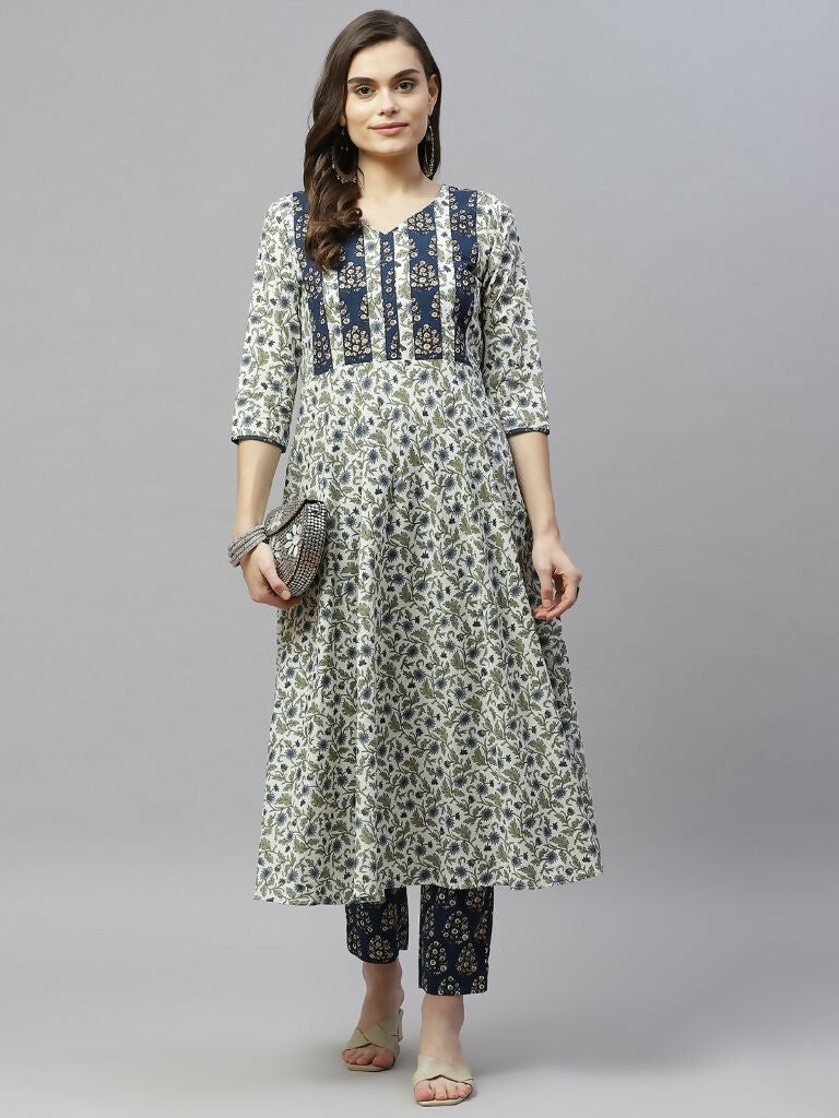 Miravan Women's Floral Printed Anarkali Pure Cotton Kurta With Palazzo Set