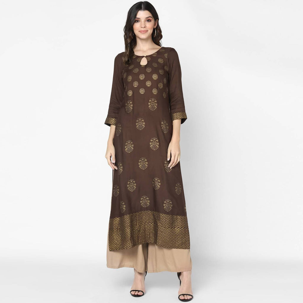 Cheera Hand Block Print Brown & Skin Color Straight Kurta With Palazzo (MAAI-081K)