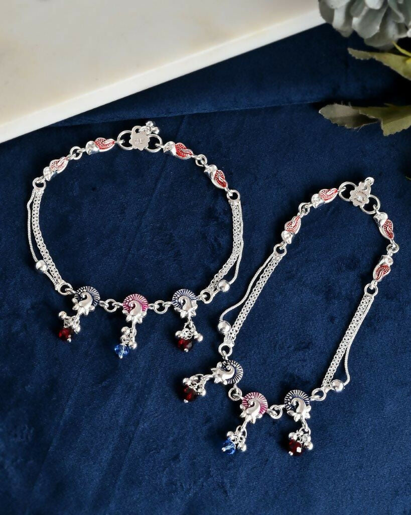 VOJ Set of 2 Silver Plated Peacock Shaped Multi Color Anklet