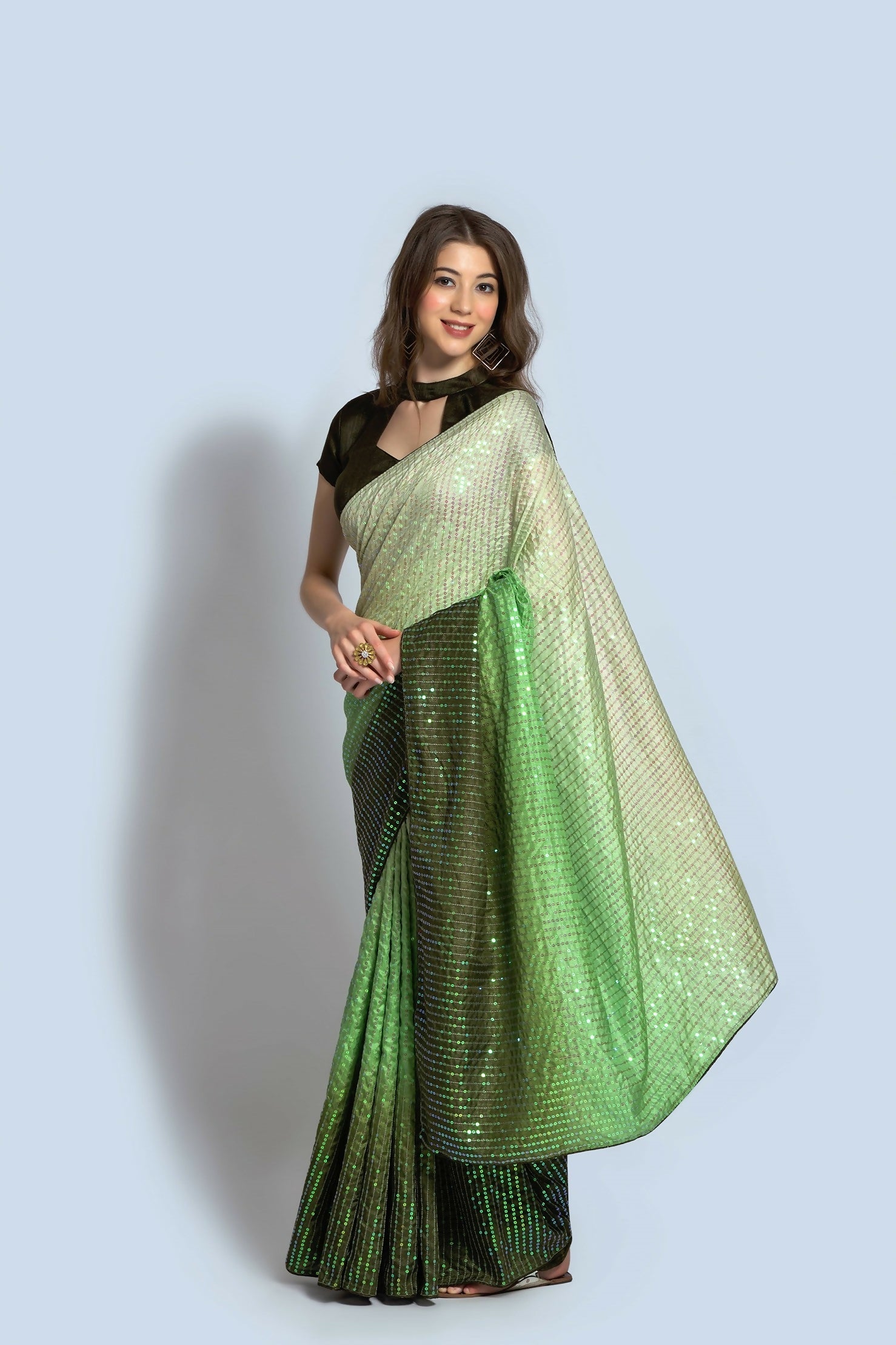 Vegaa Fashion Light Green Vichitra Silk Embroidered Party Wear Saree