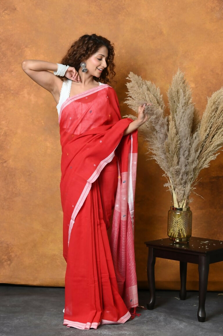Very Much Indian Pure Cotton Handloom Saree with Buttis & Sleek Border - Red
