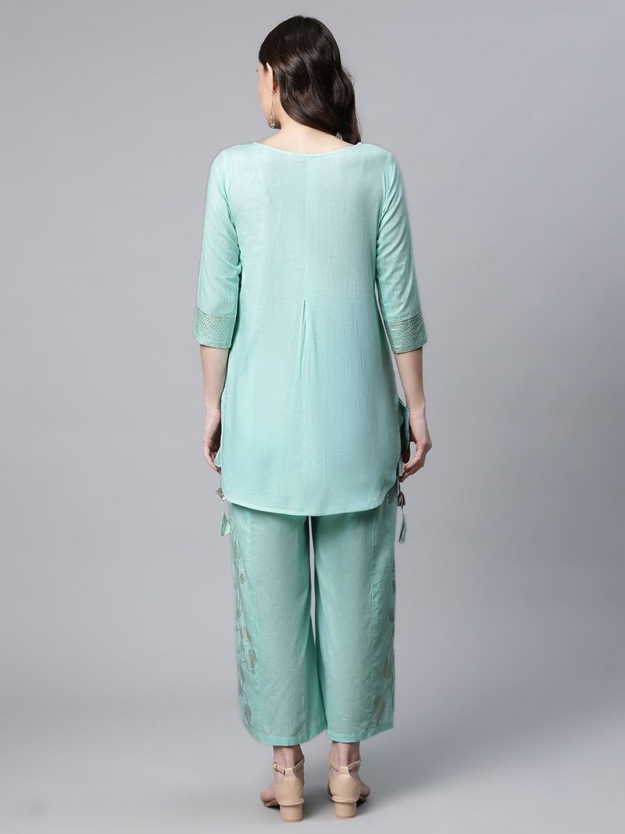 Ahalyaa Women Teal Pure Cotton Gold Foil Printed Pakistani Style Kurta Palazzo Set