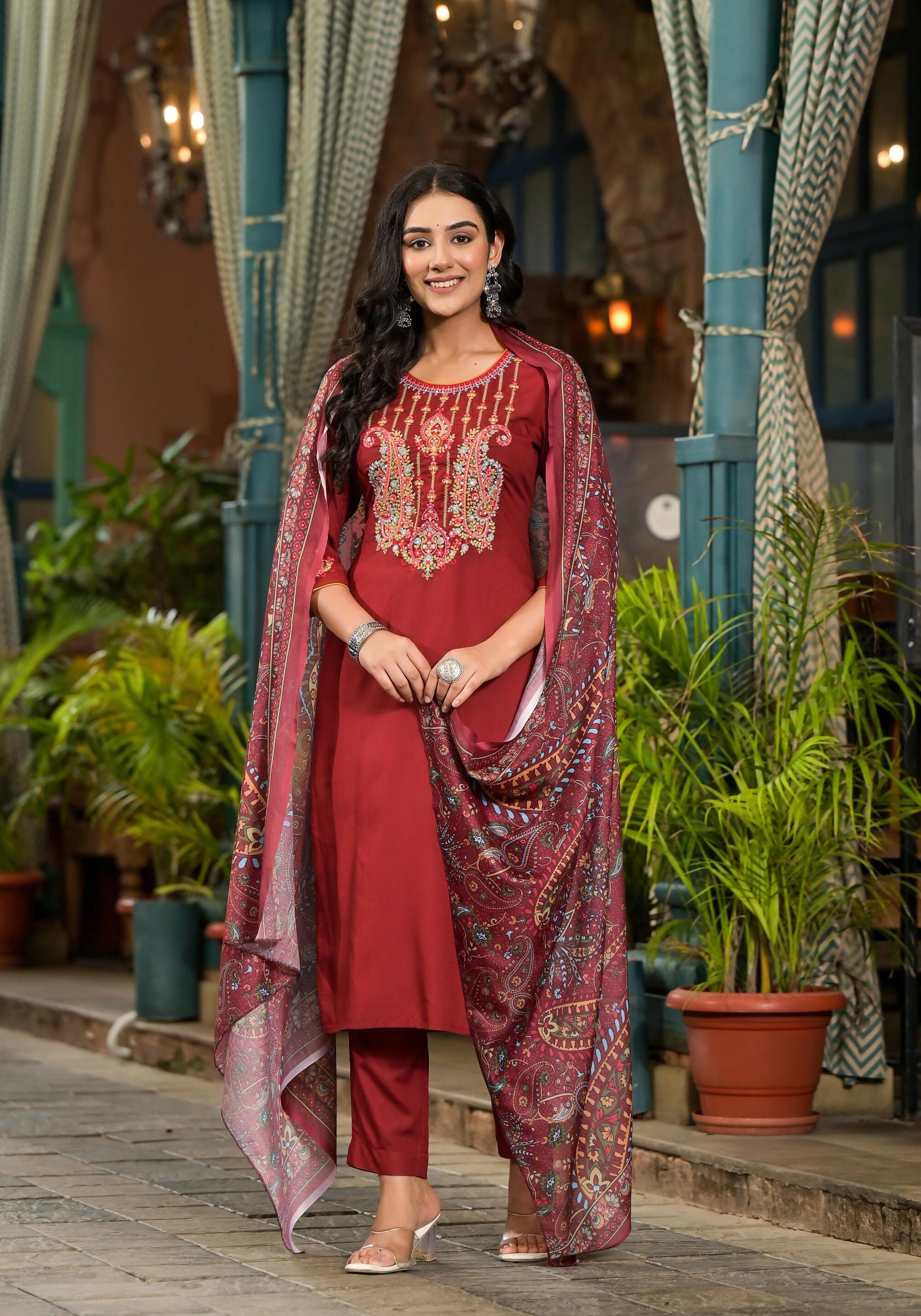 Juniper Women's Brown Thread Embroidered Liva Rayon Kurta Pant And Dupatta Set With Sequins