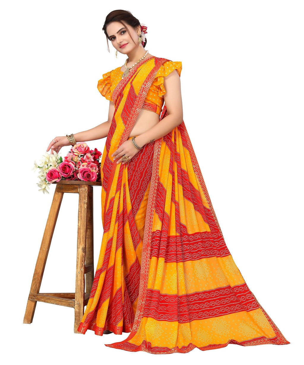 Vamika Yellow Georgette Printed With Lace Saree (MANYA YELLOW RED)