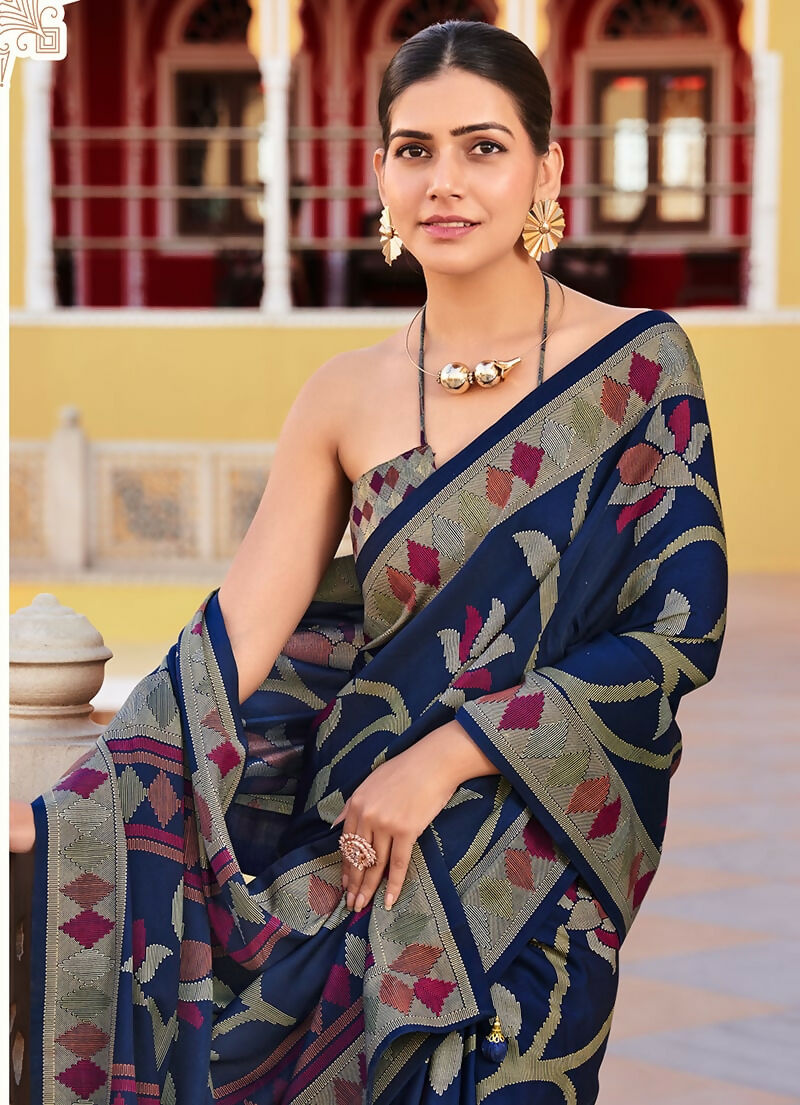 Monjolika Fashion Silk Blend Navy Blue Printed Saree