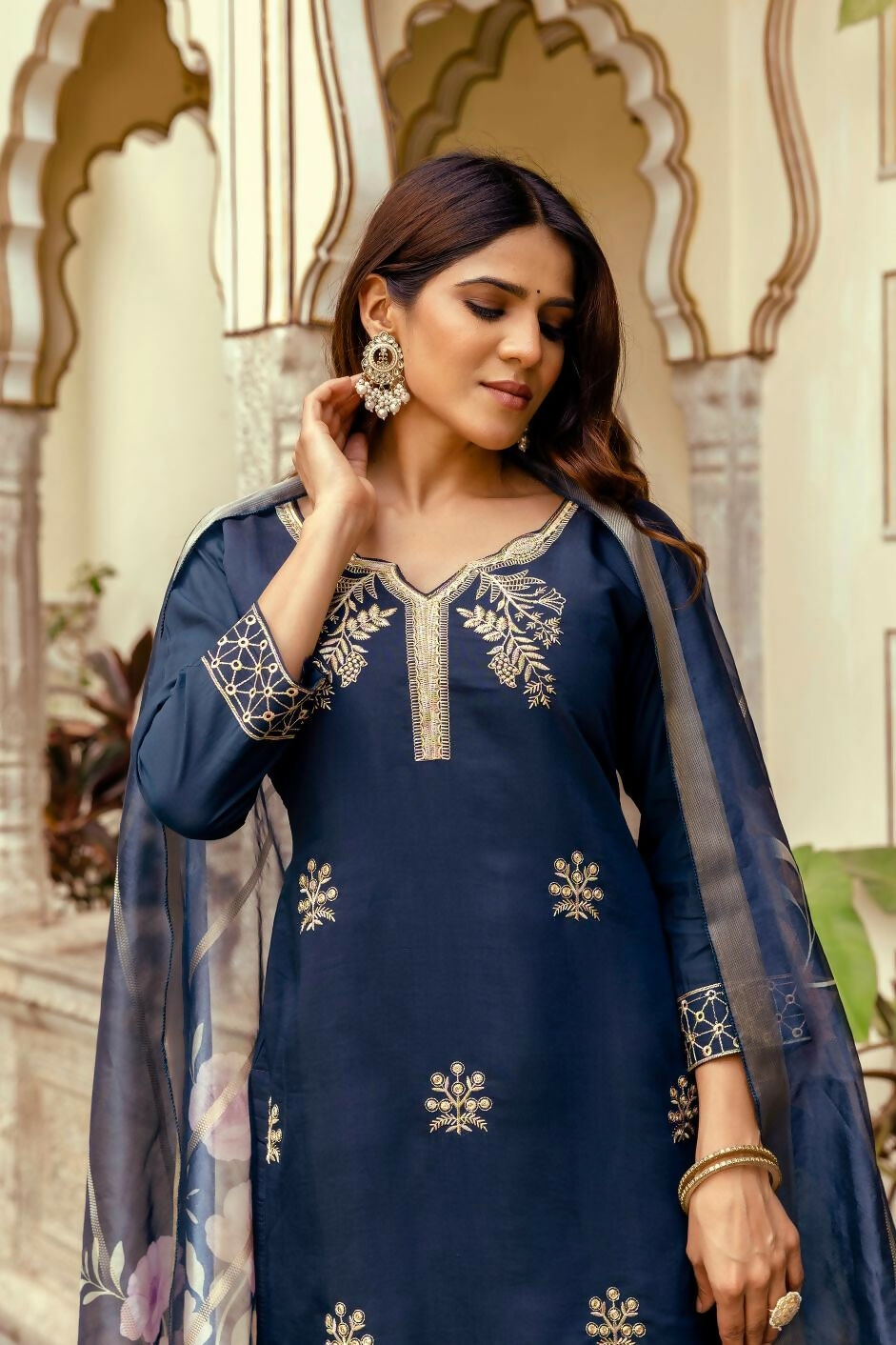 The52 Navy Blue Women's Beautiful Viscose Chanderi Fabric Thread Work Straight Kurta Pant and Dupatta Set