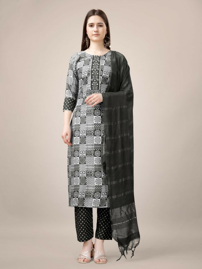 Jyoti Fashion Women's Black Rayon Print with Embroidery & Fancy Lace Work Kurta with Trouser & Dupatta