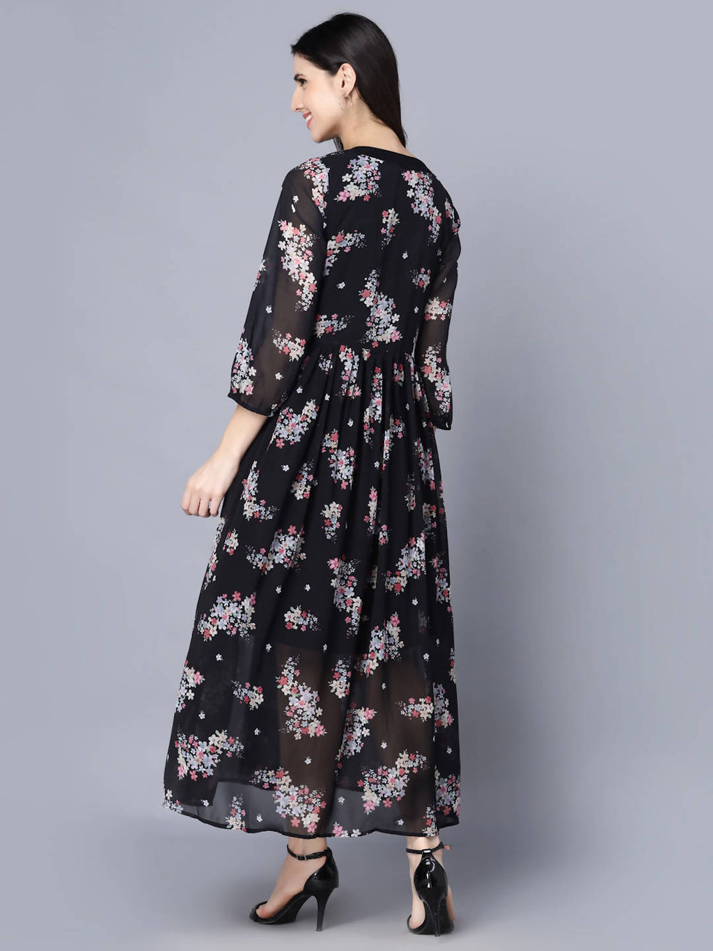 Myshka Black Floral Keyhole Neck Georgette Maxi Dress