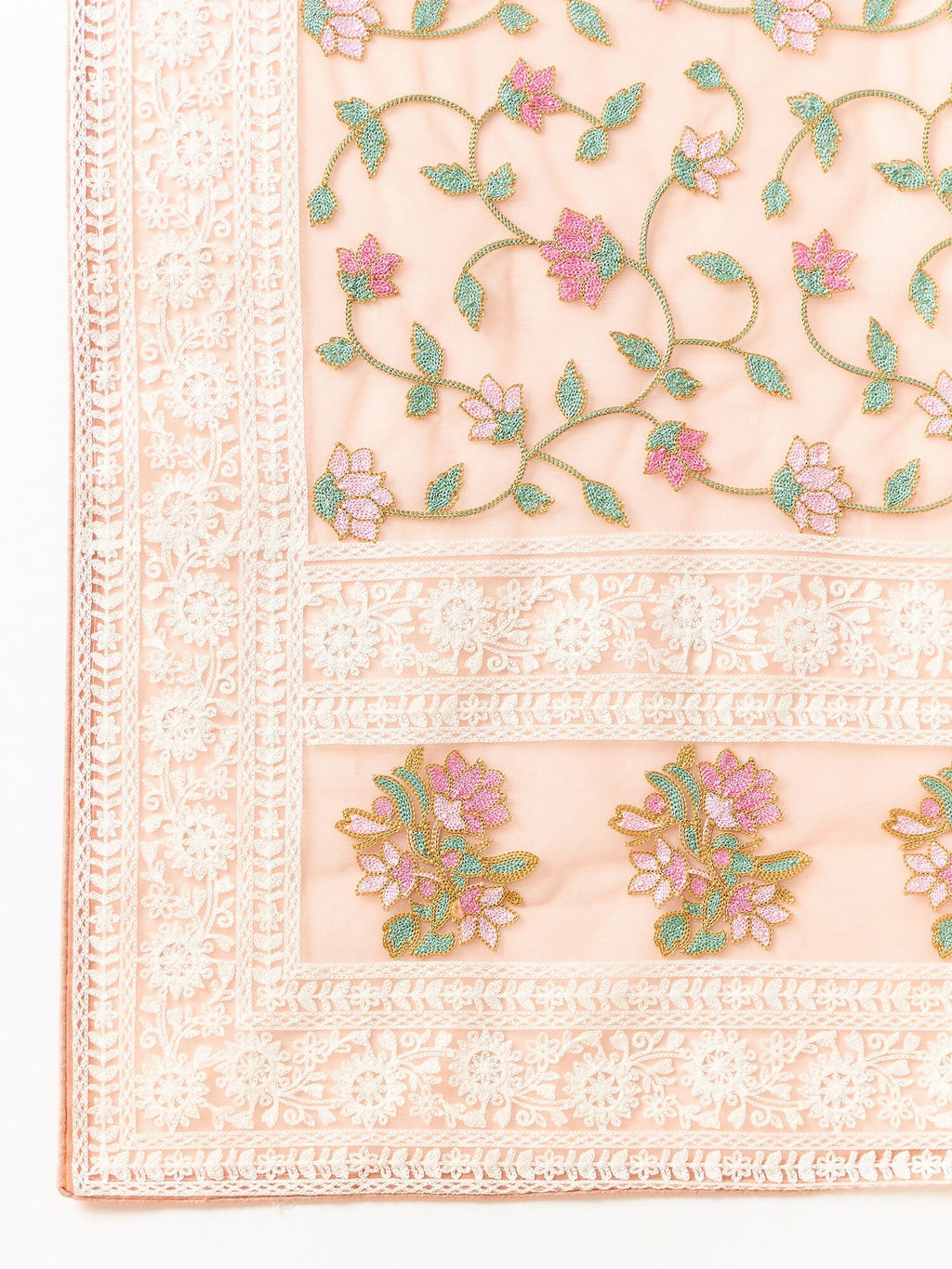 Peach Organza Floral Embroidered Saree with Unstitched Blouse Piece - Roozal
