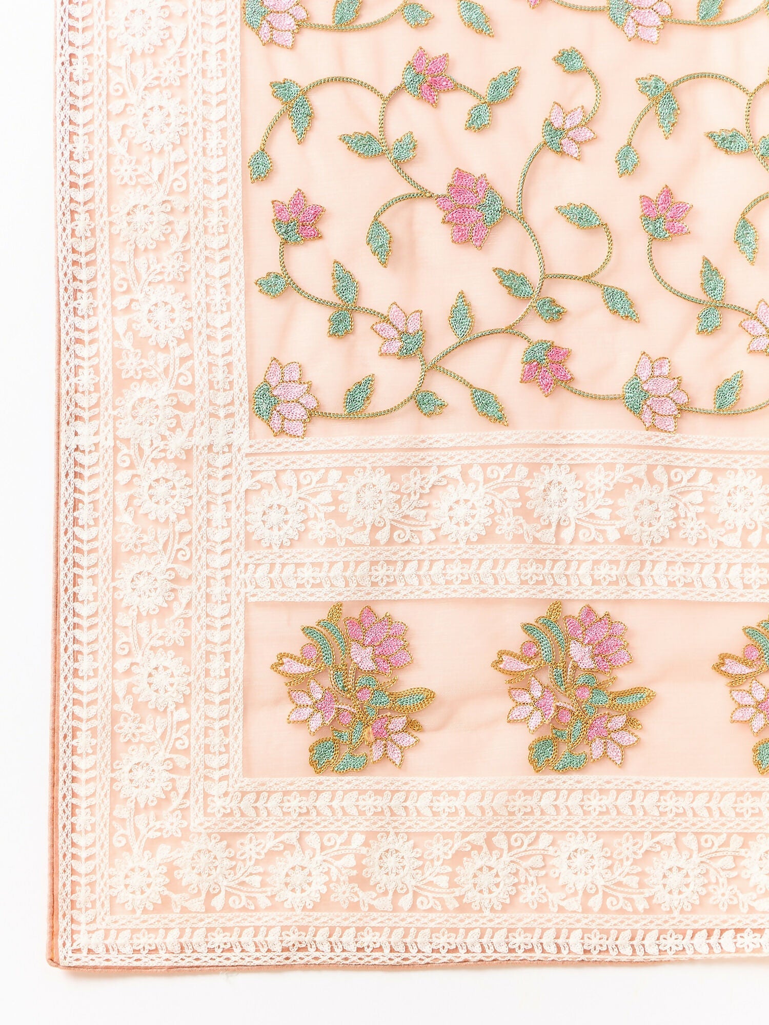 Peach Organza Floral Embroidered Saree with Unstitched Blouse Piece - Roozal