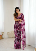 PR Fashion Purple Georgette Printed With Mirror Work Saree