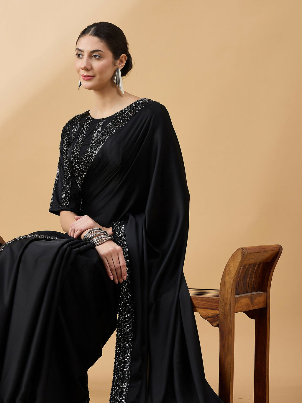 Black Satin Solid Sequence Work Saree with Stitched Blouse - Dharavi