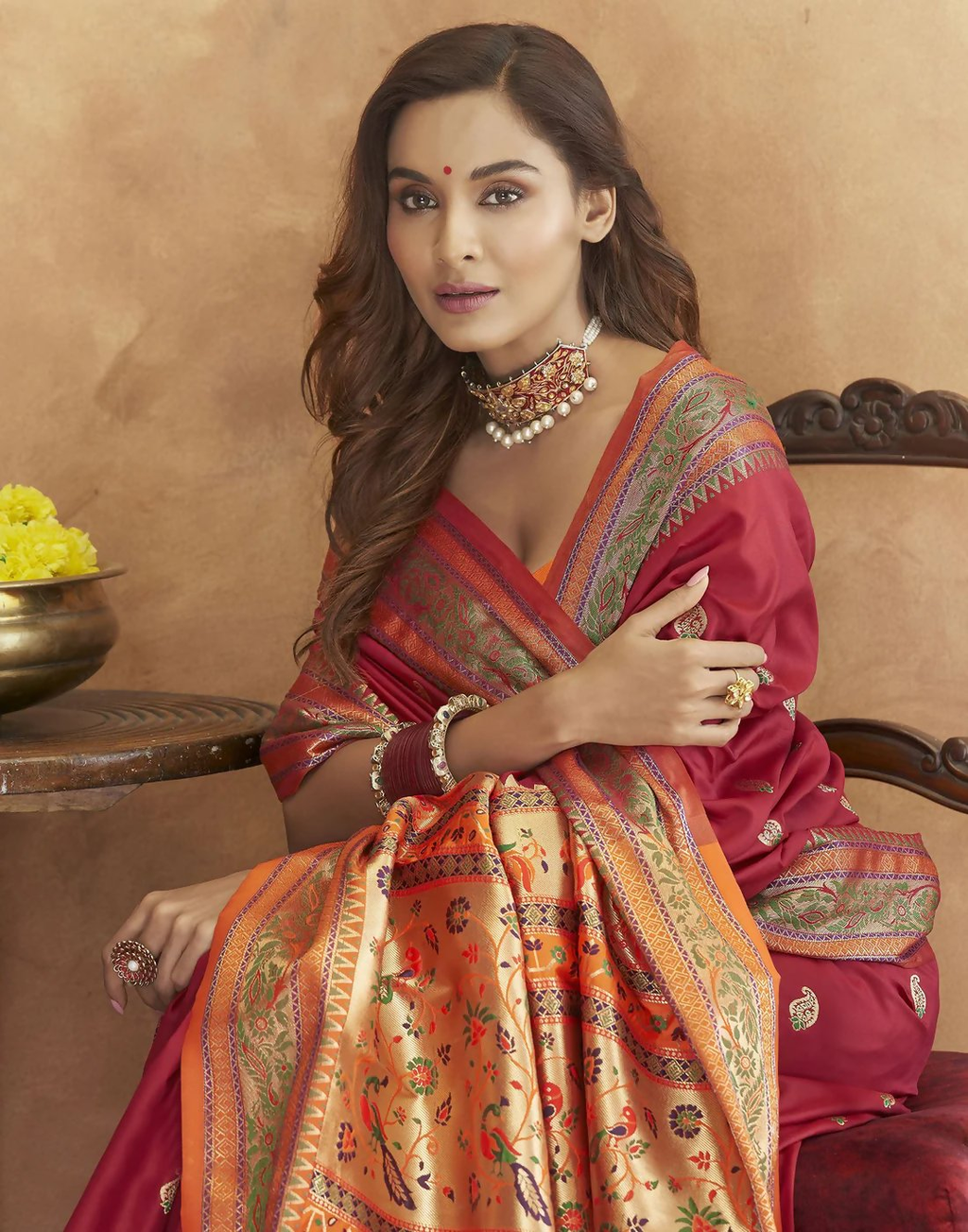 Vastranavya Maroon Soft Paithani Silk Saree With Gold Zari Weaving Motifs With Matching Blouse Fabric