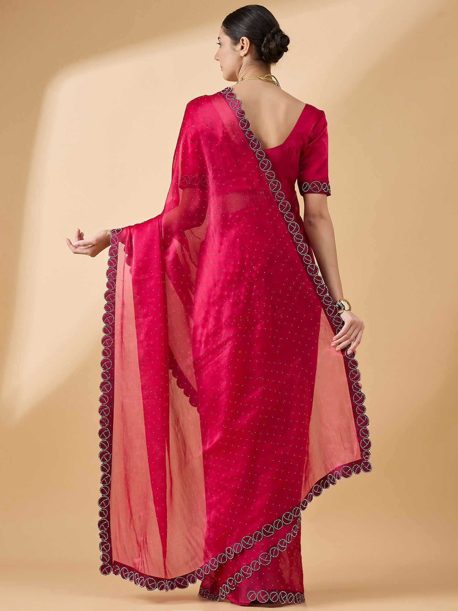 Pink Organza Swaroski Diamond Work Saree with Unstitched Blouse - Radha