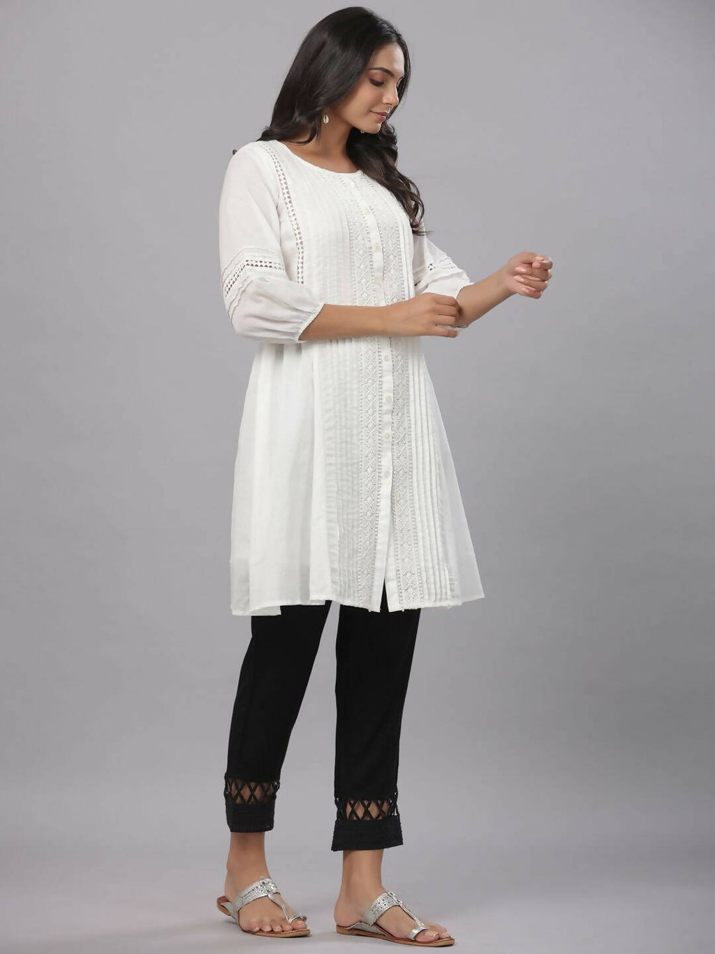 Juniper Women's White Cotton Silk Solid A-Line Kurta