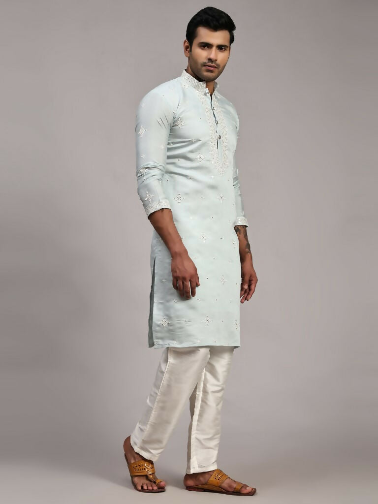 Light Blue Silk Designer Embroidery Work Men's Rajwadi Kurta Set - Mahotsav