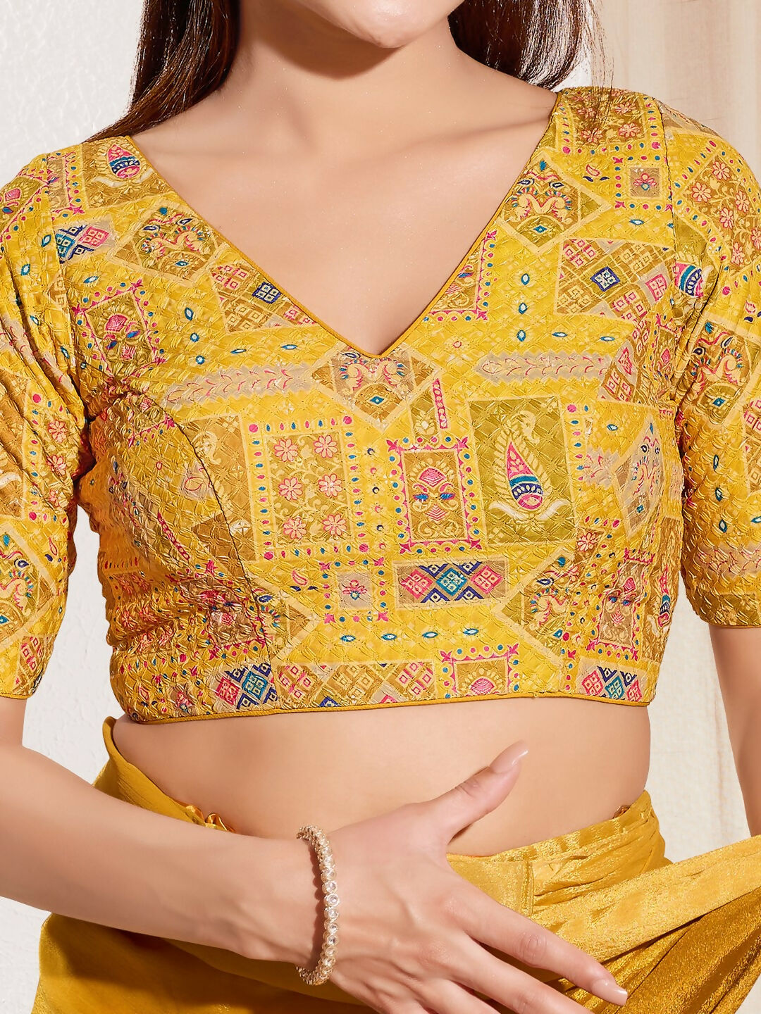 Joban Fashion Yellow Viscose Rayon Padded Blouse With V Neck Elbow Sleeves