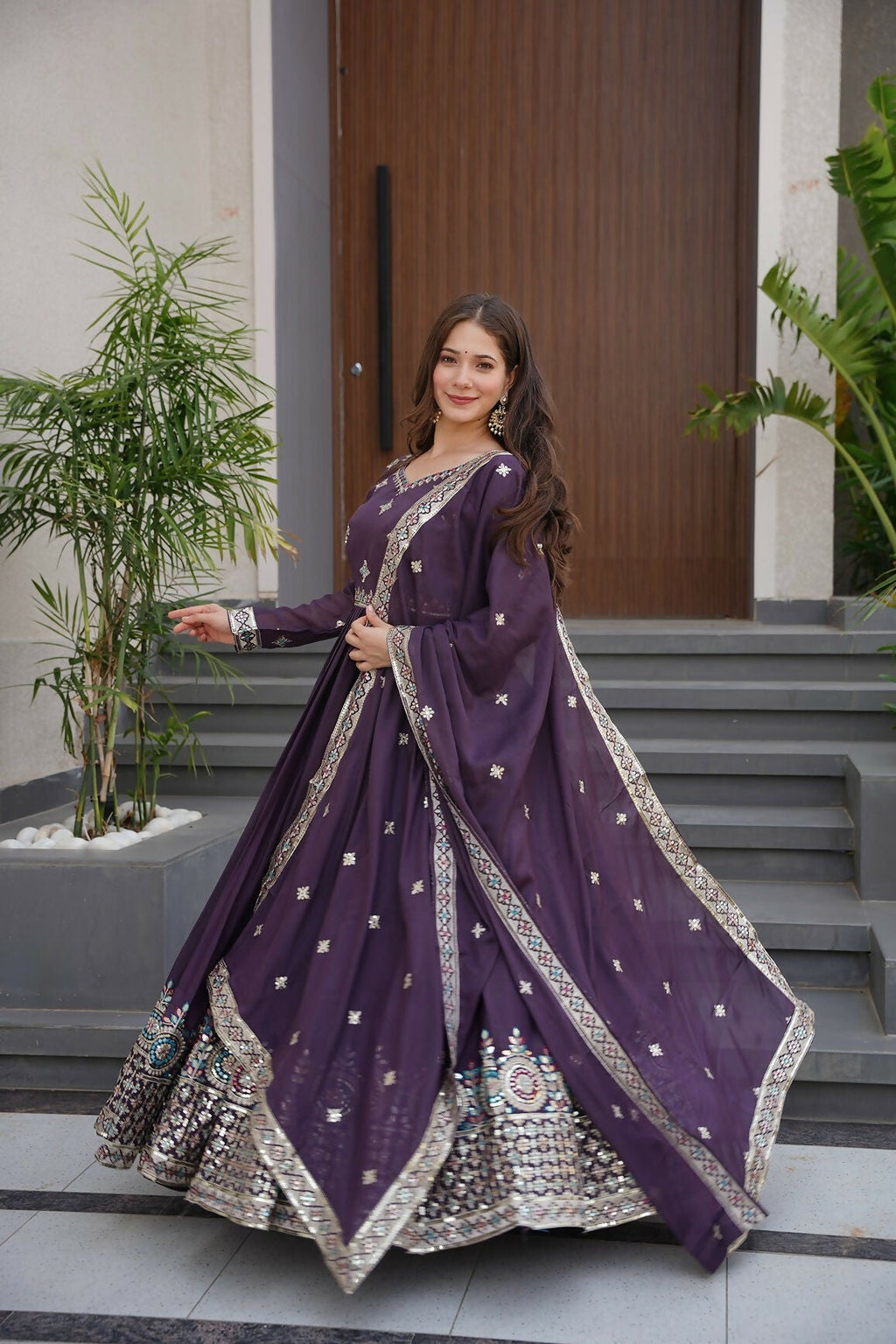 Teeya Creation Violet Color Pure Diamond Silk Wedding Wear Long Gown
