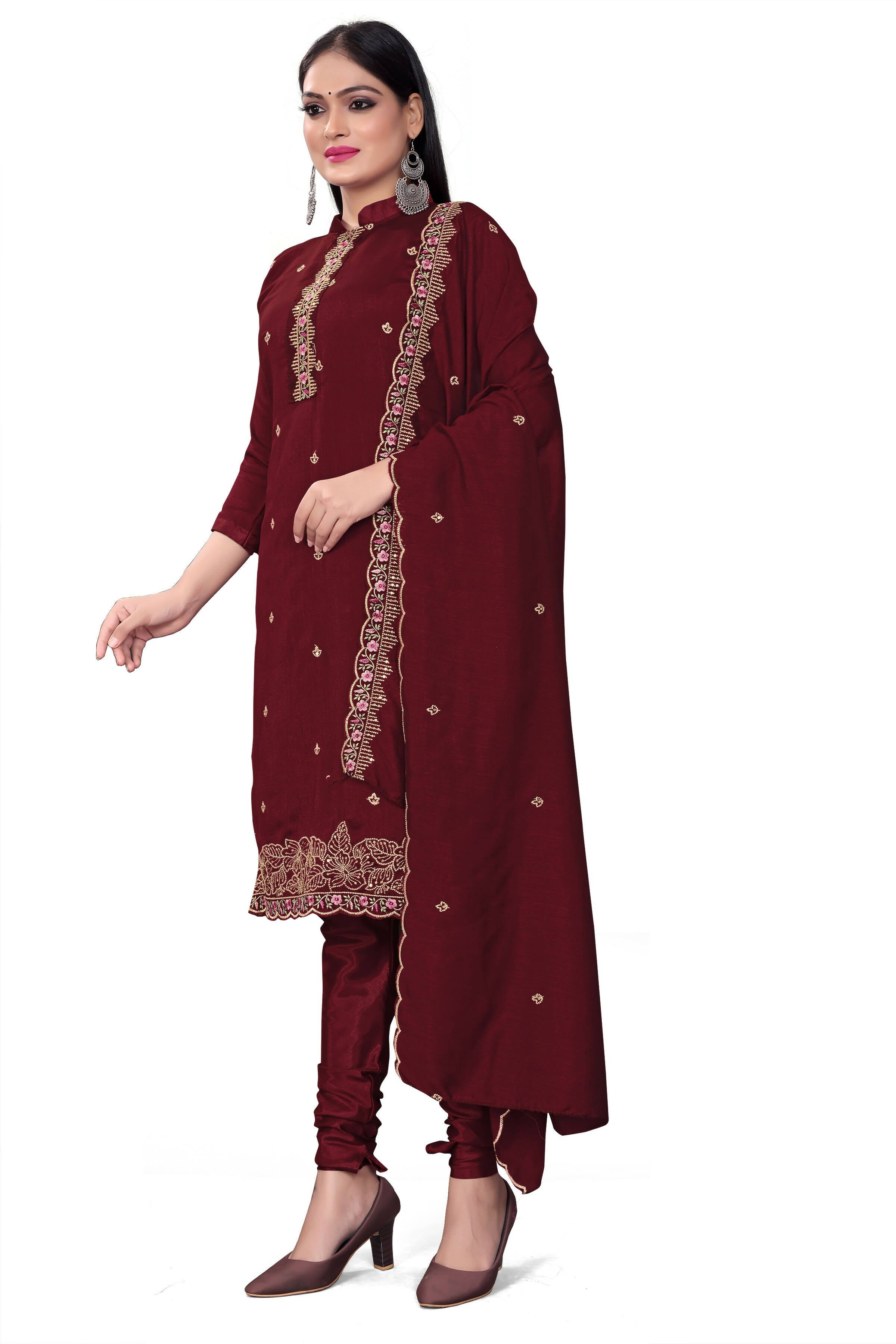 Maroon Silk Embroidered with Sequins work Unstitched Dress Material - Tanvi