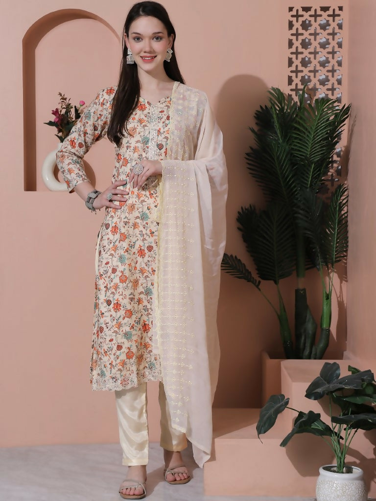 Jyoti Fashion Women's Beige Cotton Floral Digital Printed Kurta with Trouser & Dupatta