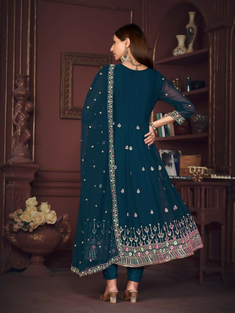 Jyoti Fashion Women's Rama Georgette Embroidered Anarkali Kurta Pant Set With Dupatta
