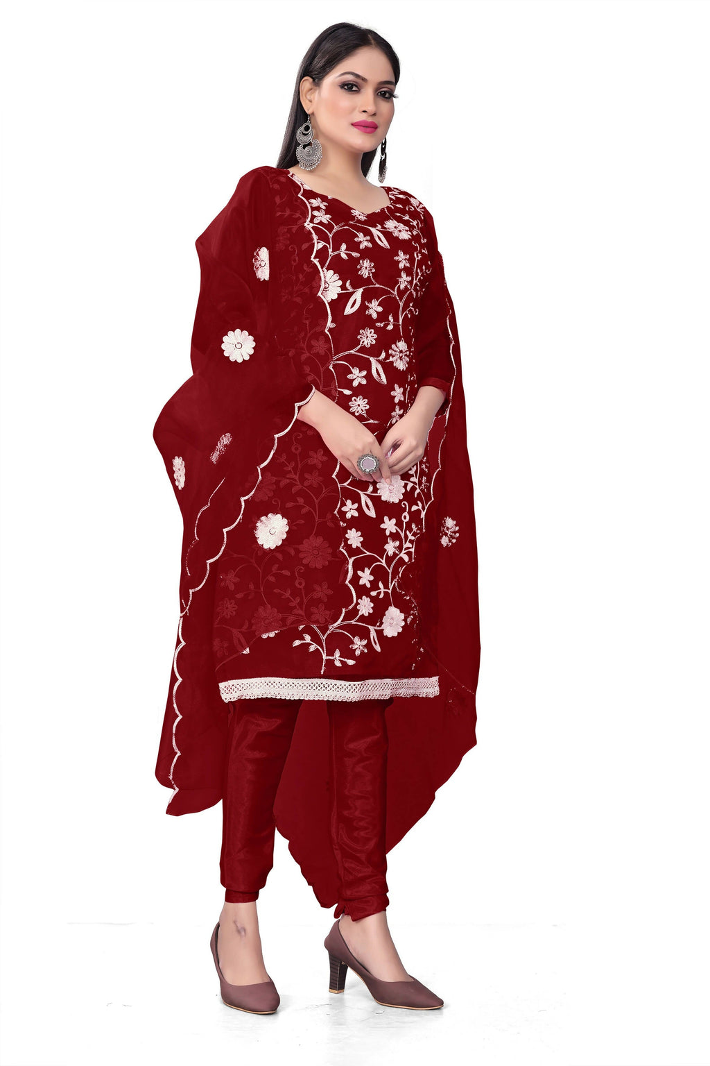 Maroon Organza Silk Embroidered Work Unstitched Dress Material - Tanvi