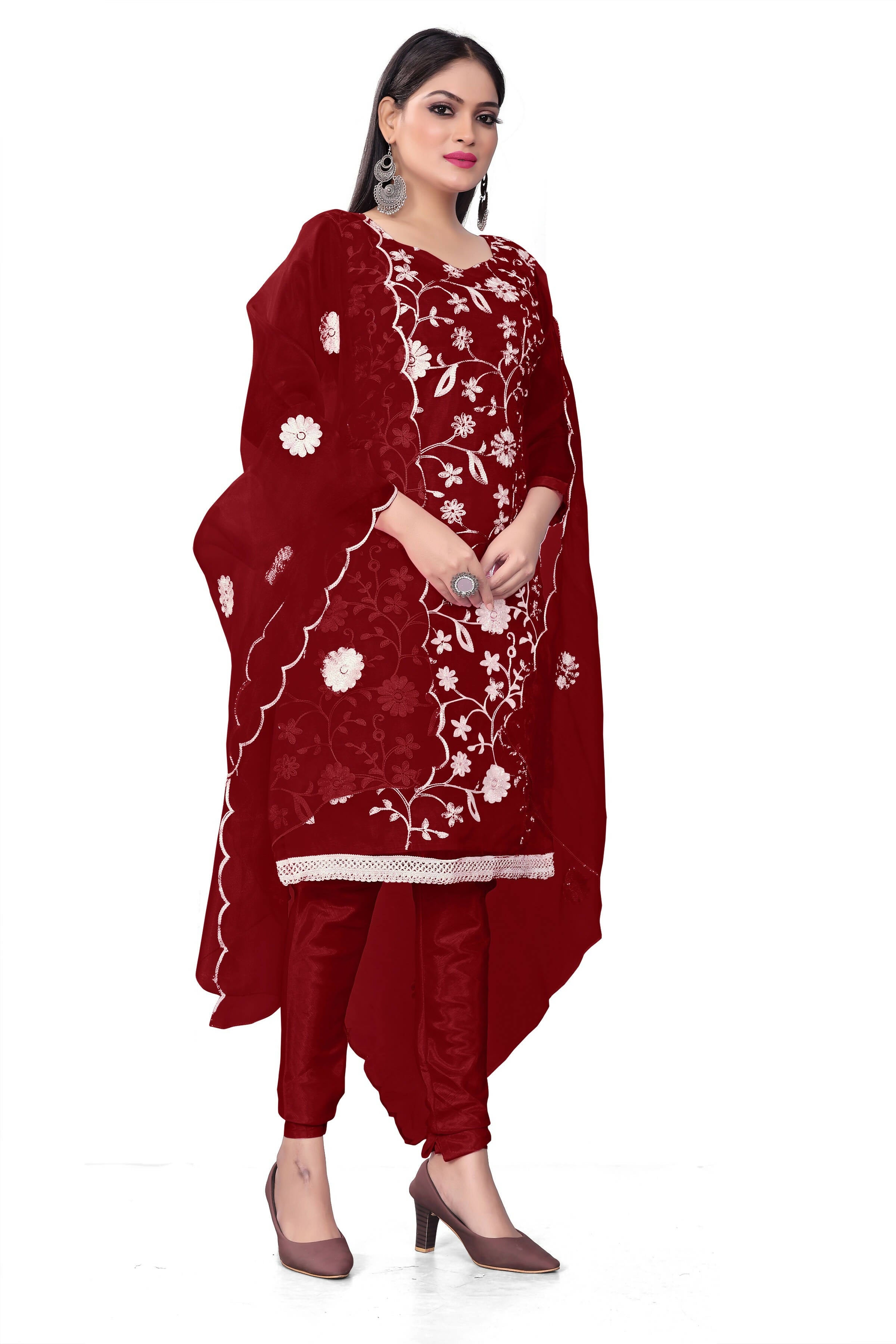 Maroon Organza Silk Embroidered Work Unstitched Dress Material - Tanvi