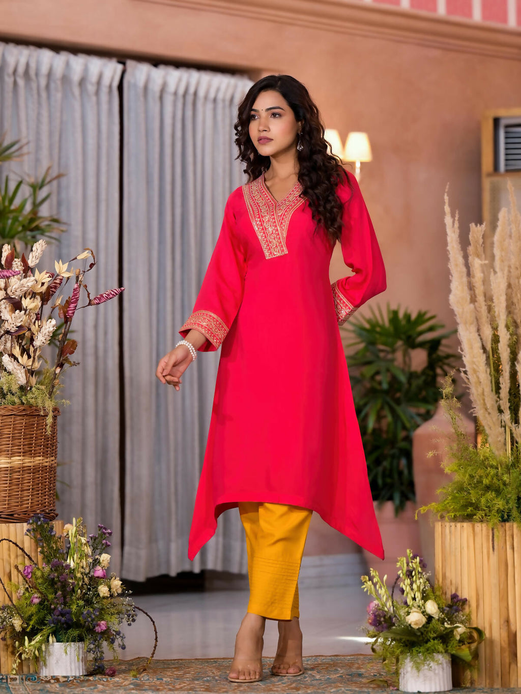 Juniper Women's Fuchsia Zari Embroidered Viscose Kurta & Pant Set With Sequins