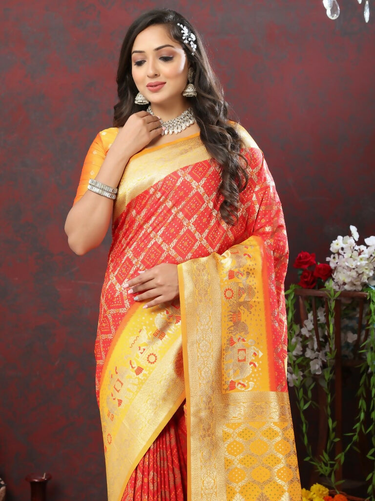 Vastranavya Red Soft Patola Silk With Meenakari Weaving Motifs And Rich Zari Weaving Pallu Saree With Matching Blouse Fabric