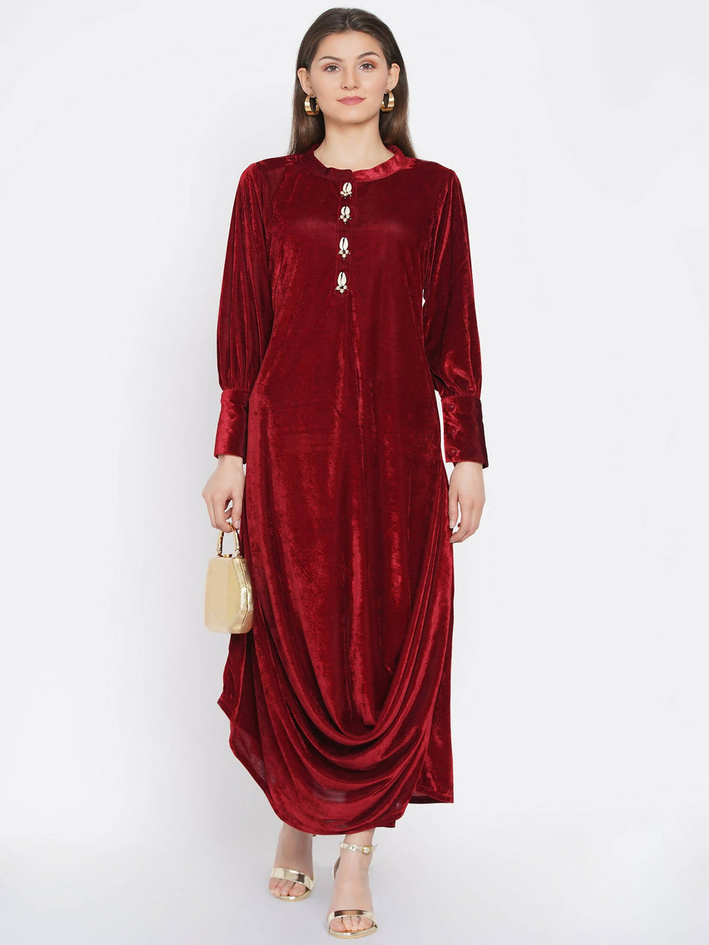 Women Republic Maroon Velvet Cowl Style Kurta With Pants