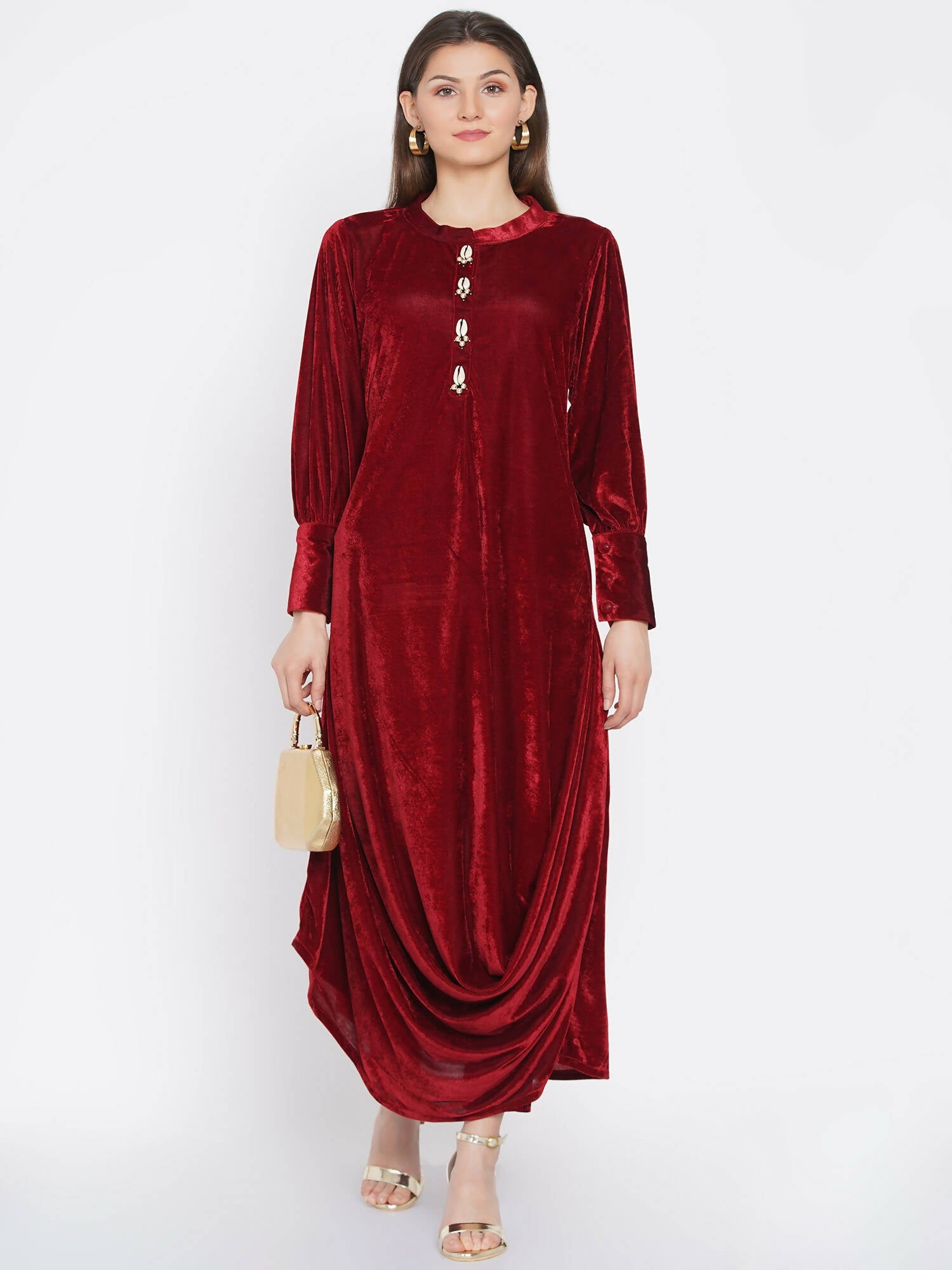 Women Republic Maroon Velvet Cowl Style Kurta With Pants