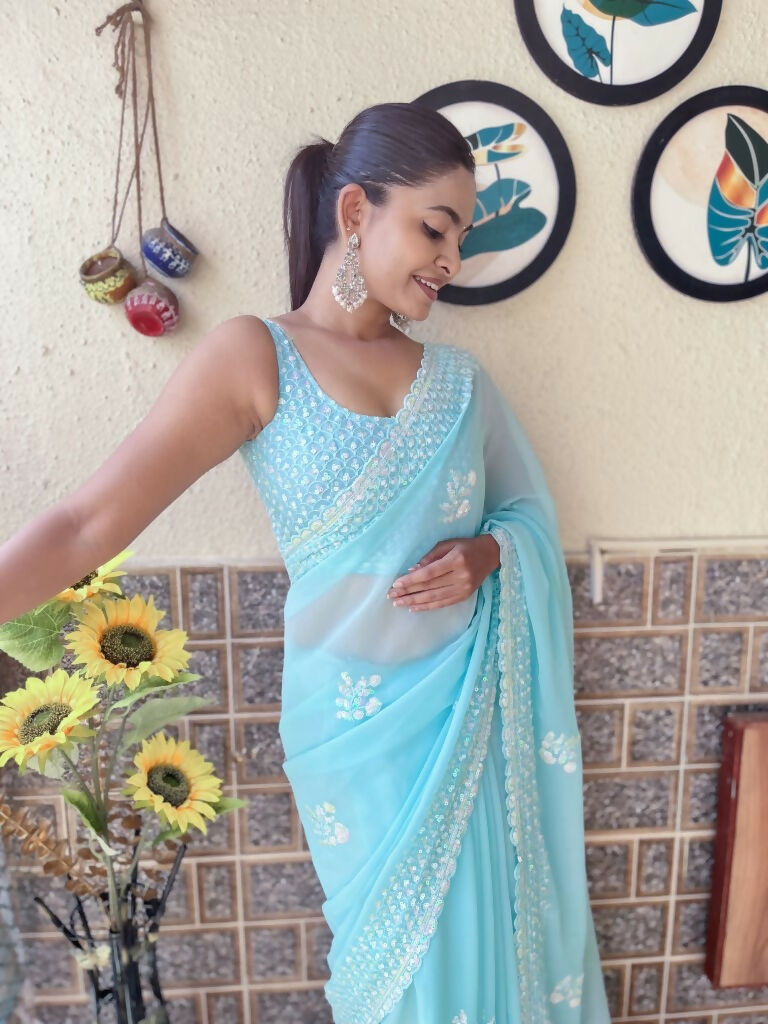 Sky Blue Georgette Sequence Embroidery Cut Work Saree - Saadia